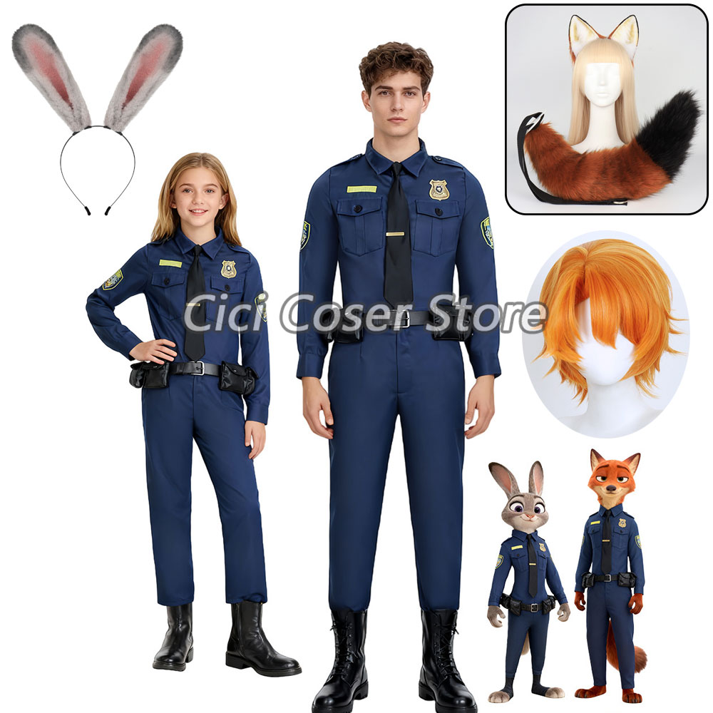 Zoo Party Games - 映画動物園ジュディニックコスプレ衣装警察制服キツネ耳尻尾ウサギカチューシャ男性女性ハロウィンパーティー衣装ジャンプスーツ大人